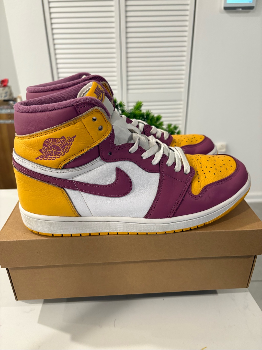 Nike Air Jordan 1 High-Top Sneakers In Burgundy, Yellow & White Size 11.5 Men’s
